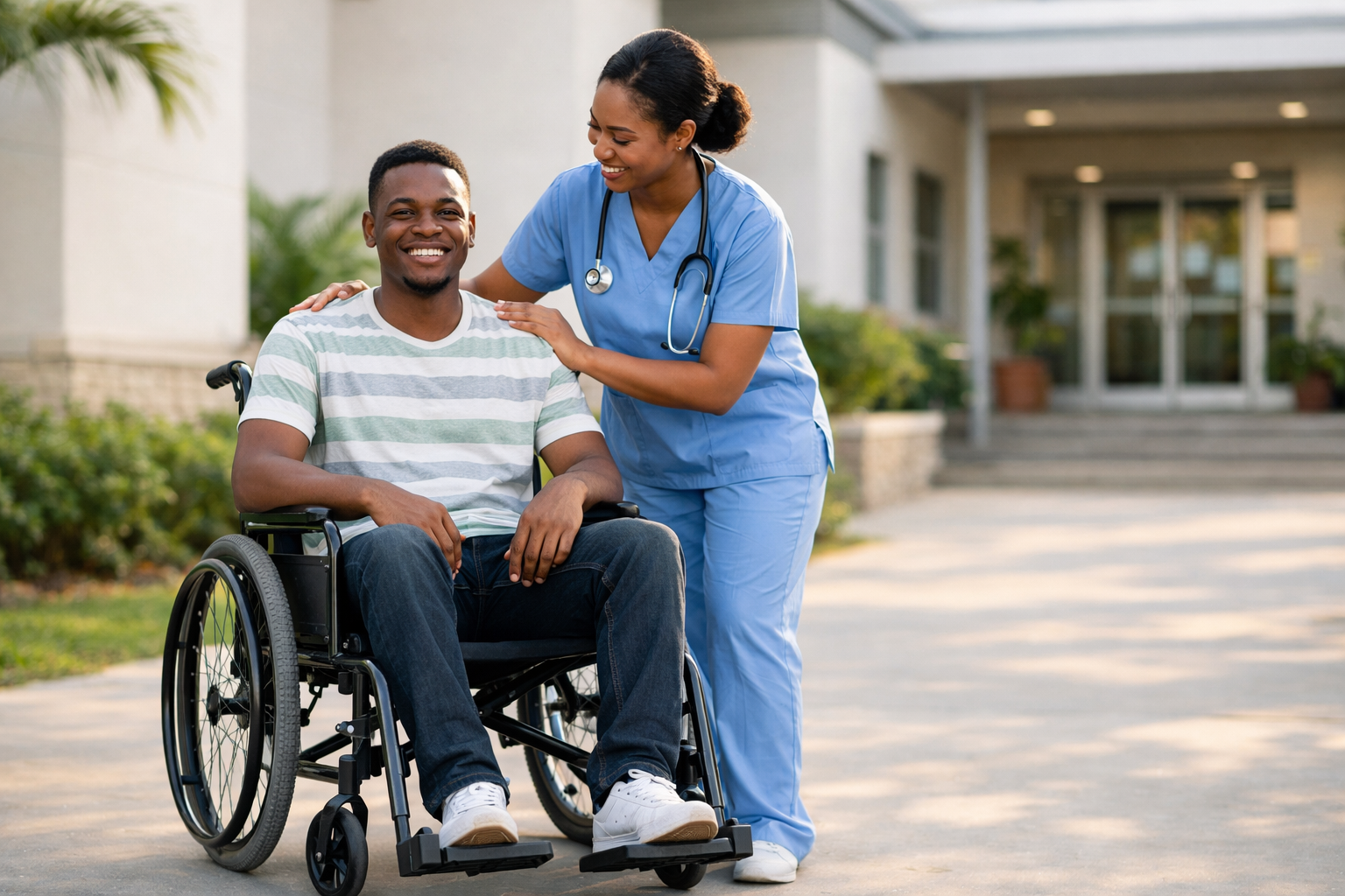 Healthcare professional assisting patient in wheelchair